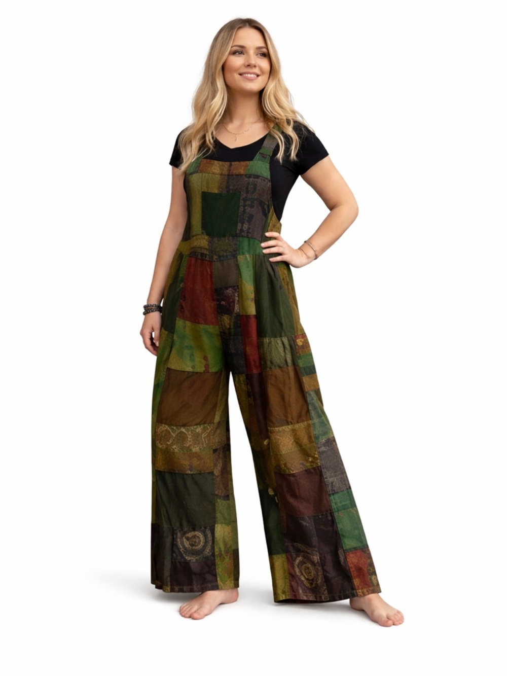 Anika Patchwork Jumpsuit Overall Boho Baggy Hippy Maxi  Wide Leg One Reg Size